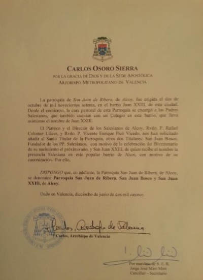 La Parroquia Salesiana de Alcoy incorpora a su denominación a San Juan Bosco y a San Juan XXIII